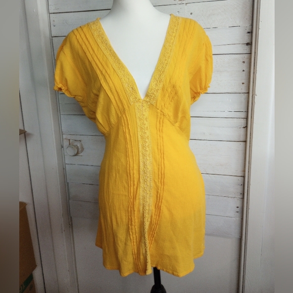 Ashley Stewart Tops - Ashley Stewart 1X Yellow Cotton Boho Tunic Top V-Neck Short Sleeve Blouse